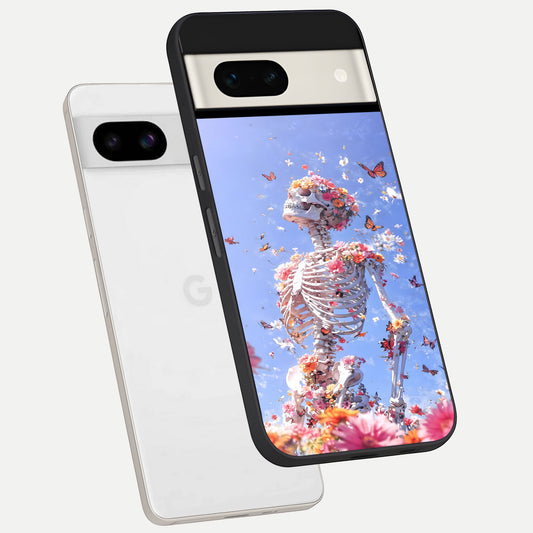  Bloom Beyond Bones phone case For Google Pixel 7A showing premium glass back cover with detailed artwork