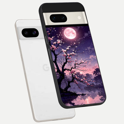  Blossom Pink Moon phone case For Google Pixel 7A showing premium glass back cover with detailed artwork