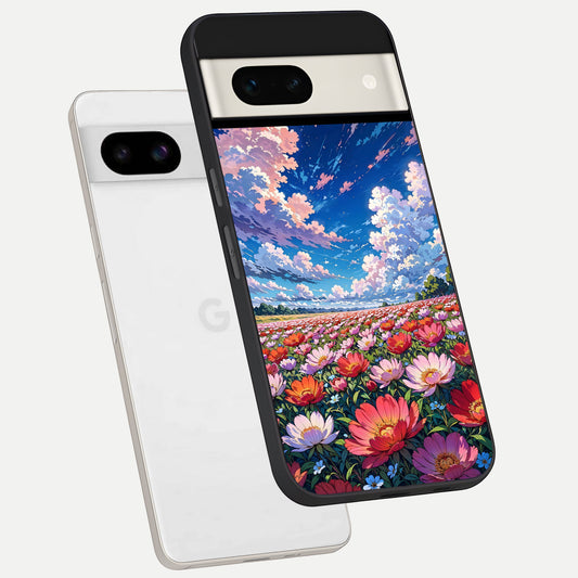  Blossom Sky Field phone case For Google Pixel 7A showing premium glass back cover with detailed artwork