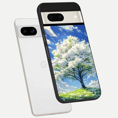  Blossom Sky Serenity phone case For Google Pixel 7A showing premium glass back cover with detailed artwork