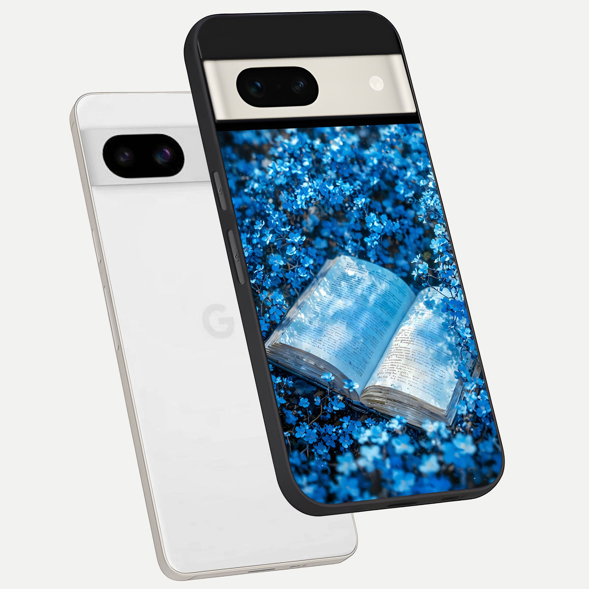  Blue Bloom Tales phone case For Google Pixel 7A showing premium glass back cover with detailed artwork