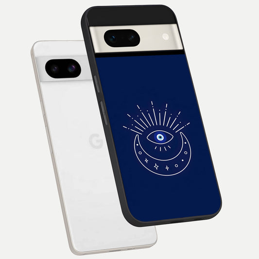  Blue Evil Eye phone case For Google Pixel 7A showing premium glass back cover with detailed artwork