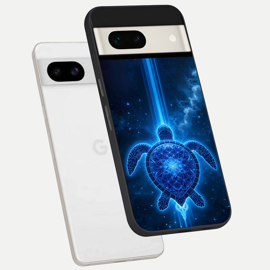  Blue Galaxy Turtle phone case For Google Pixel 7A showing premium glass back cover with detailed artwork