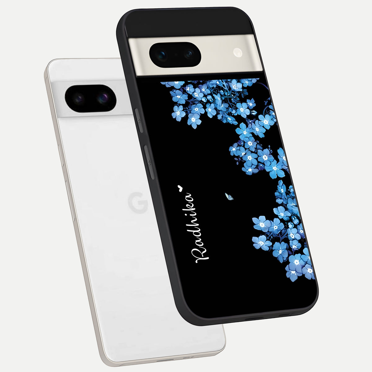  Blue Petal Dream Custom Name phone case For Google Pixel 7A showing premium glass back cover with detailed artwork