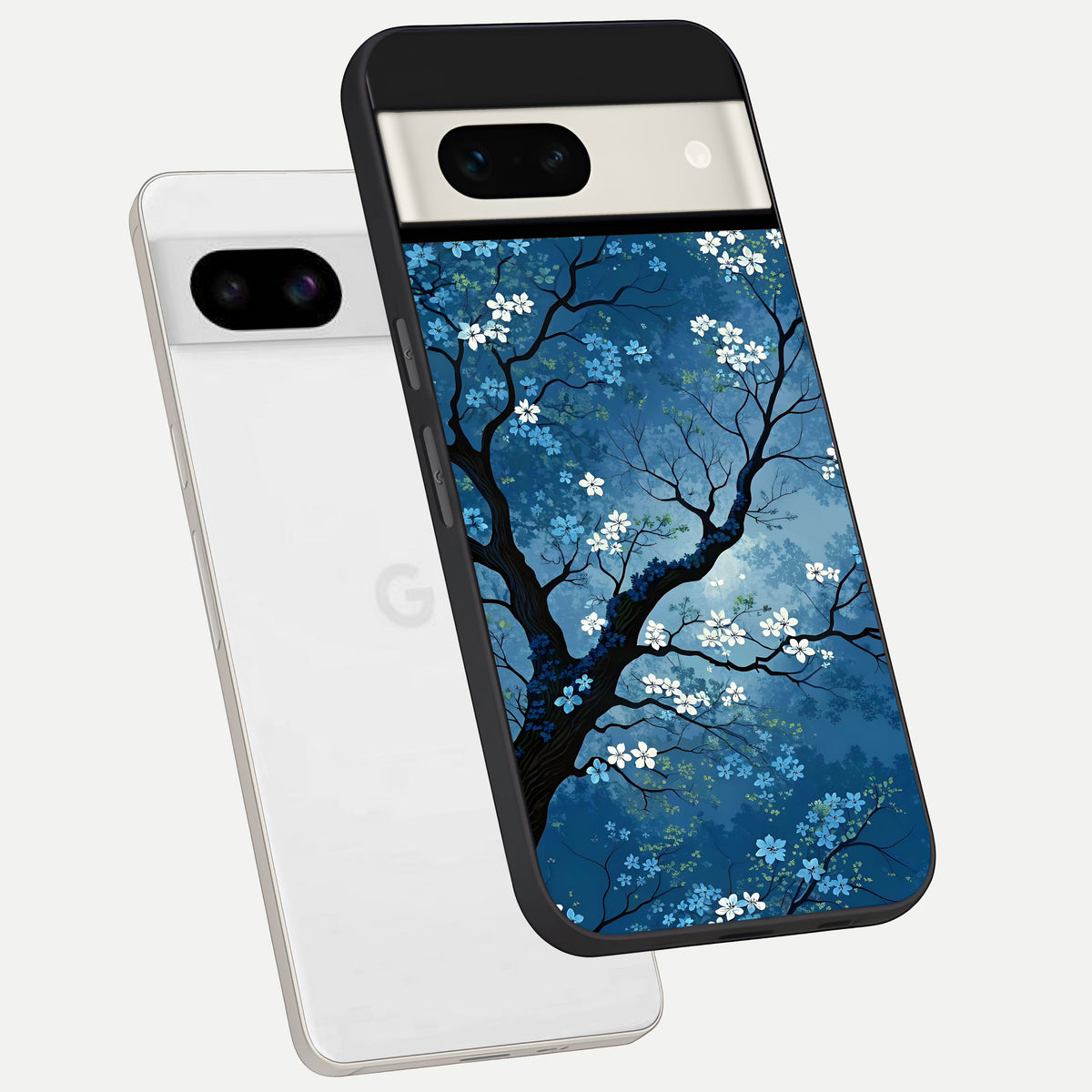  Blue Tree Serenity phone case For Google Pixel 7A showing premium glass back cover with detailed artwork