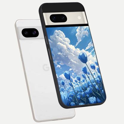  Blue Tulip Clouds phone case For Google Pixel 7A showing premium glass back cover with detailed artwork