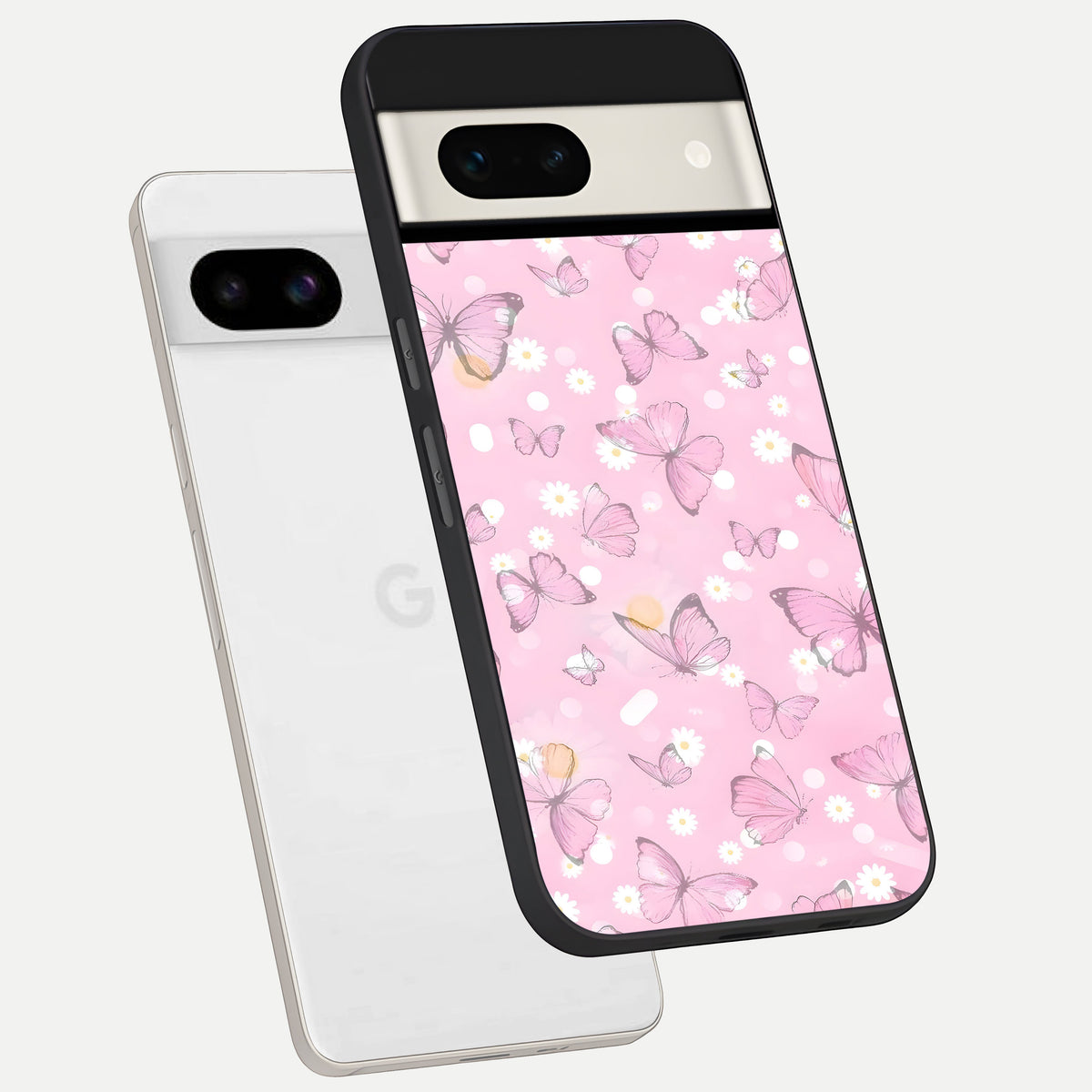  Blush Butterfly Garden phone case For Google Pixel 7A showing premium glass back cover with detailed artwork
