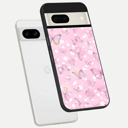  Blush Butterfly Garden phone case For Google Pixel 7A showing premium glass back cover with detailed artwork