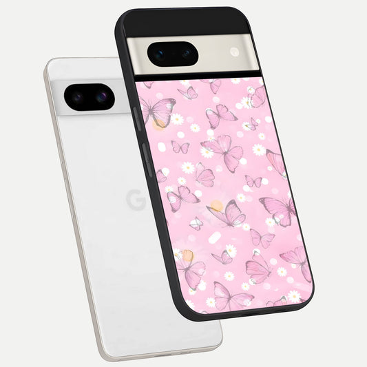  Blush Butterfly Garden phone case For Google Pixel 7A showing premium glass back cover with detailed artwork