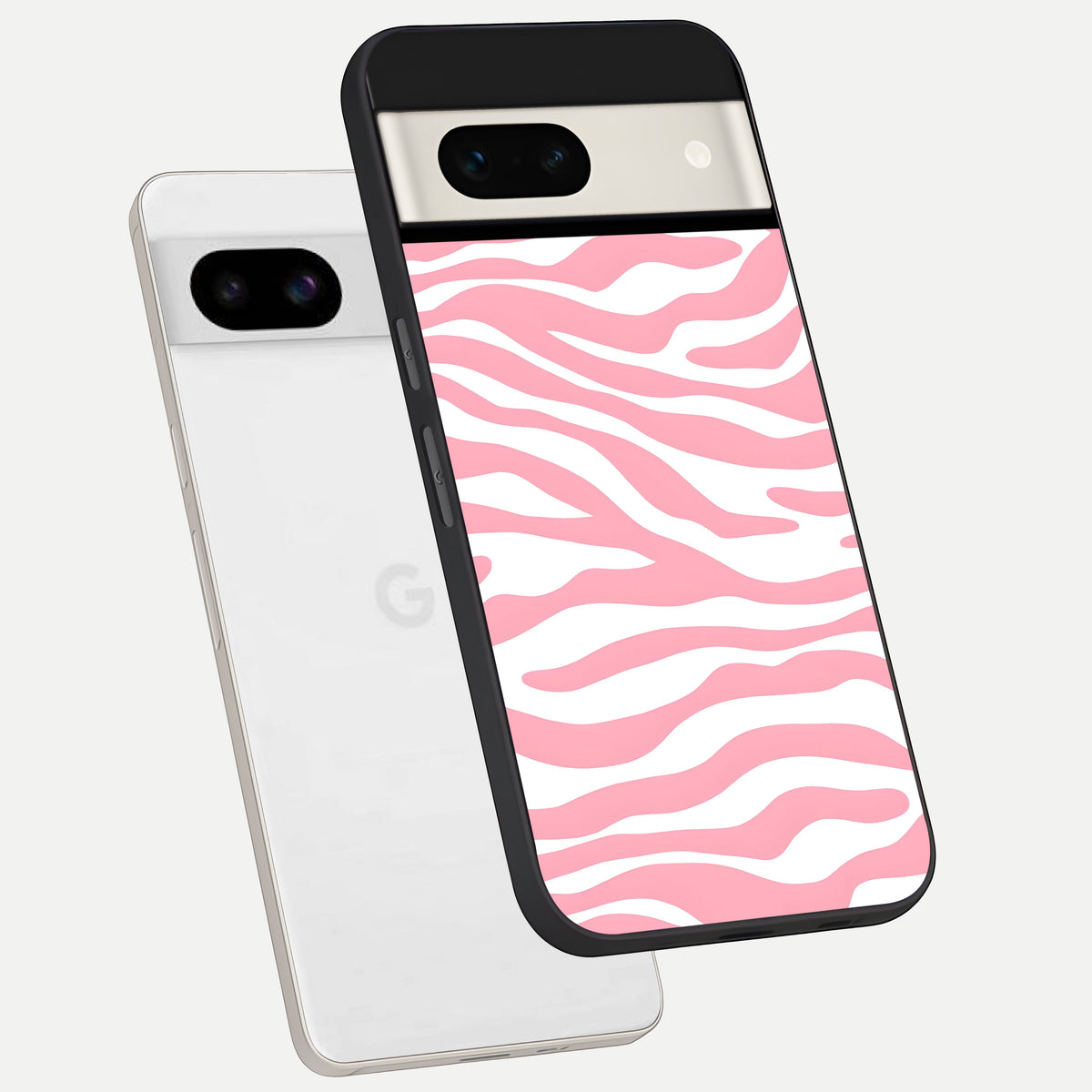  Blush Zebra Flow phone case For Google Pixel 7A showing premium glass back cover with detailed artwork