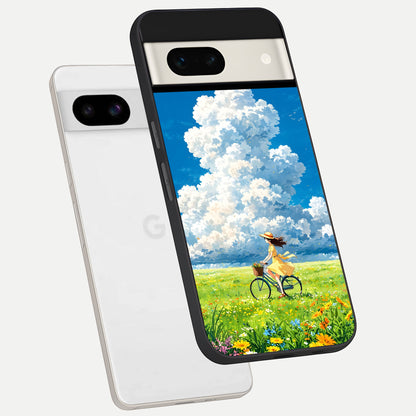  Breezy Meadow Ride phone case For Google Pixel 7A showing premium glass back cover with detailed artwork
