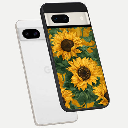  Bright Sunflower Bloom phone case For Google Pixel 7A showing premium glass back cover with detailed artwork