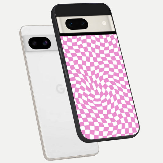  Bubblegum Check Wave phone case For Google Pixel 7A showing premium glass back cover with detailed artwork