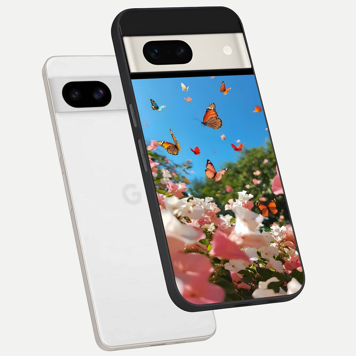  Butterflies In Bloom Sky phone case For Google Pixel 7A showing premium glass back cover with detailed artwork