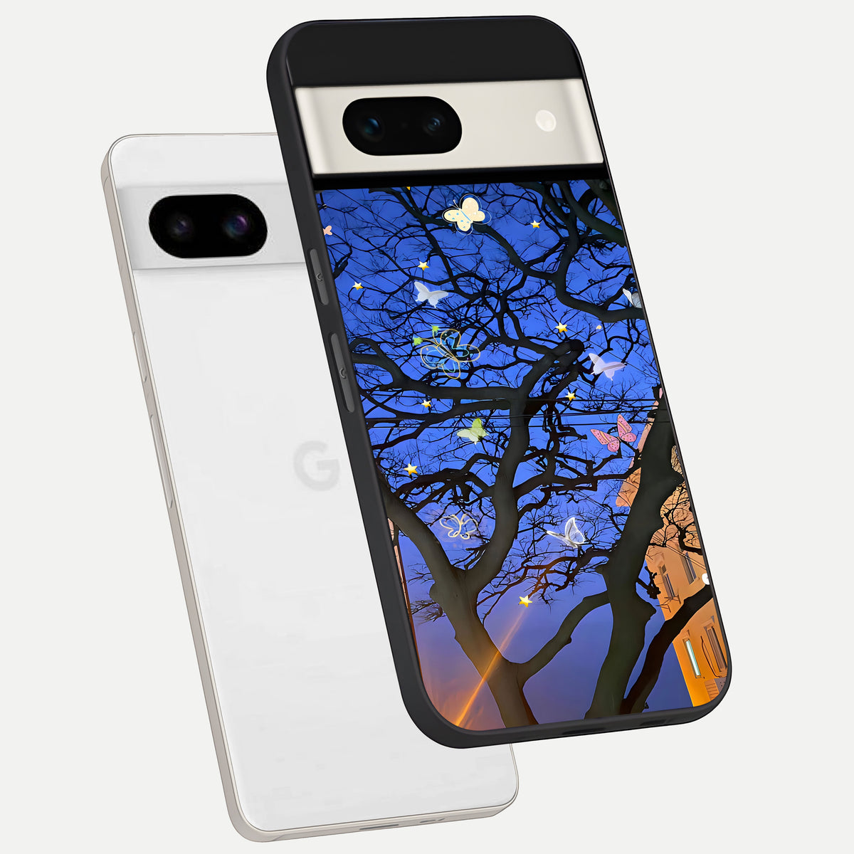  Butterfly Night Magic phone case For Google Pixel 7A showing premium glass back cover with detailed artwork