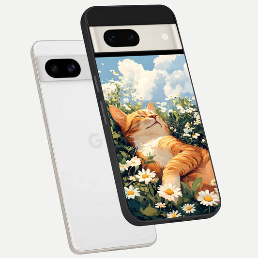  Cat And Flowers View phone case For Google Pixel 7A showing premium glass back cover with detailed artwork