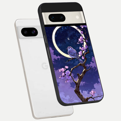  Celestial Bird Blossom phone case For Google Pixel 7A showing premium glass back cover with detailed artwork