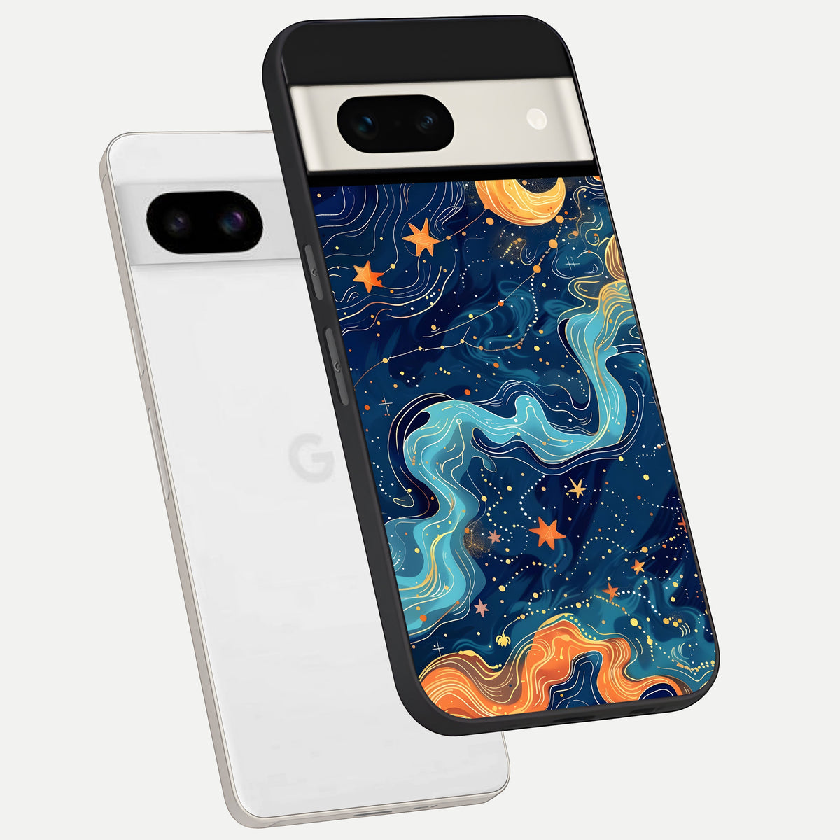  Celestial Dream Flow phone case For Google Pixel 7A showing premium glass back cover with detailed artwork