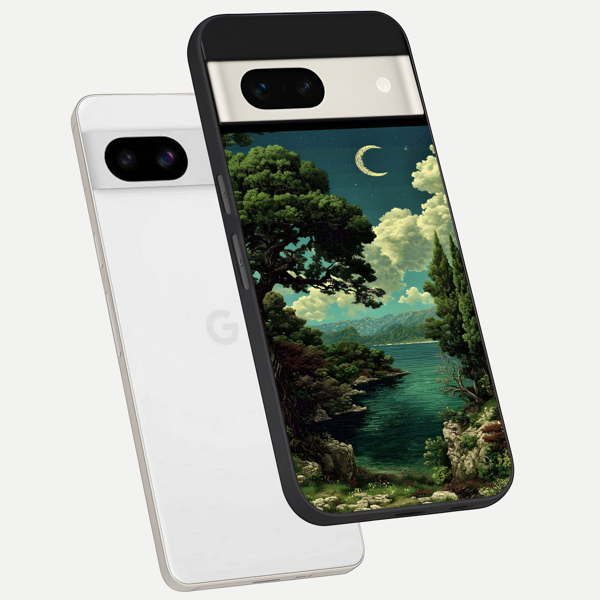  Celestial Lake Peace phone case For Google Pixel 7A showing premium glass back cover with detailed artwork