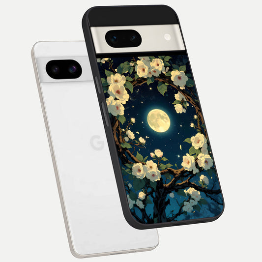  Celestial Moon And Flower phone case For Google Pixel 7A showing premium glass back cover with detailed artwork