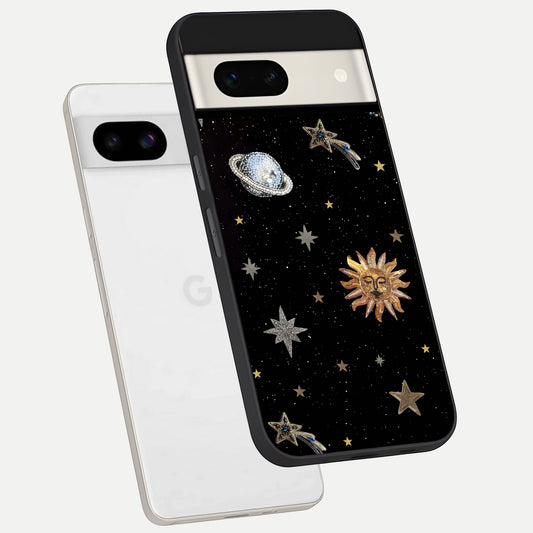  Celestial Moon With Stars phone case For Google Pixel 7A showing premium glass back cover with detailed artwork