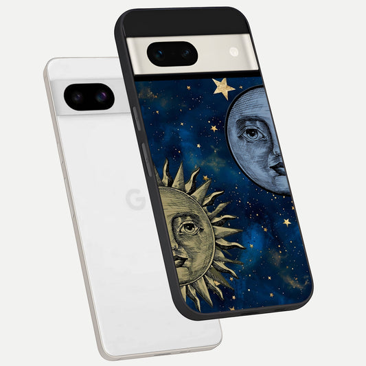  Celestial Moon With Sun phone case For Google Pixel 7A showing premium glass back cover with detailed artwork