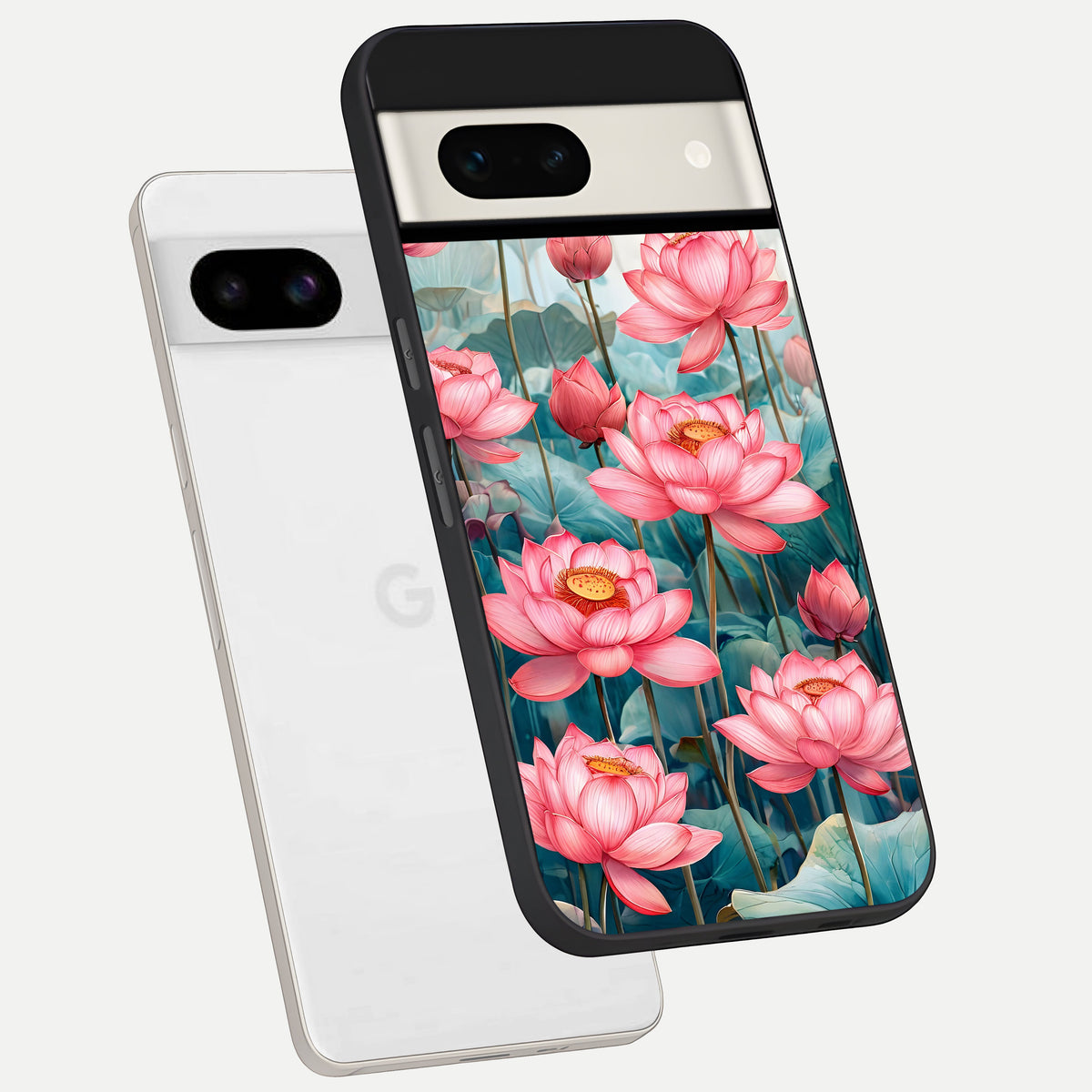  Celestial Pink Lotus phone case For Google Pixel 7A showing premium glass back cover with detailed artwork