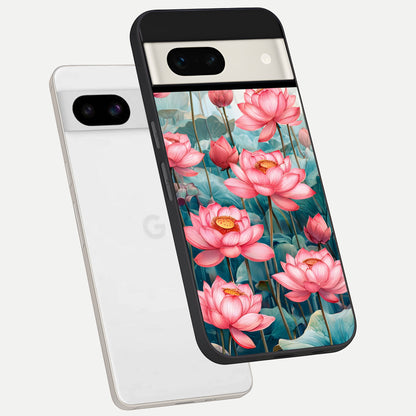  Celestial Pink Lotus phone case For Google Pixel 7A showing premium glass back cover with detailed artwork