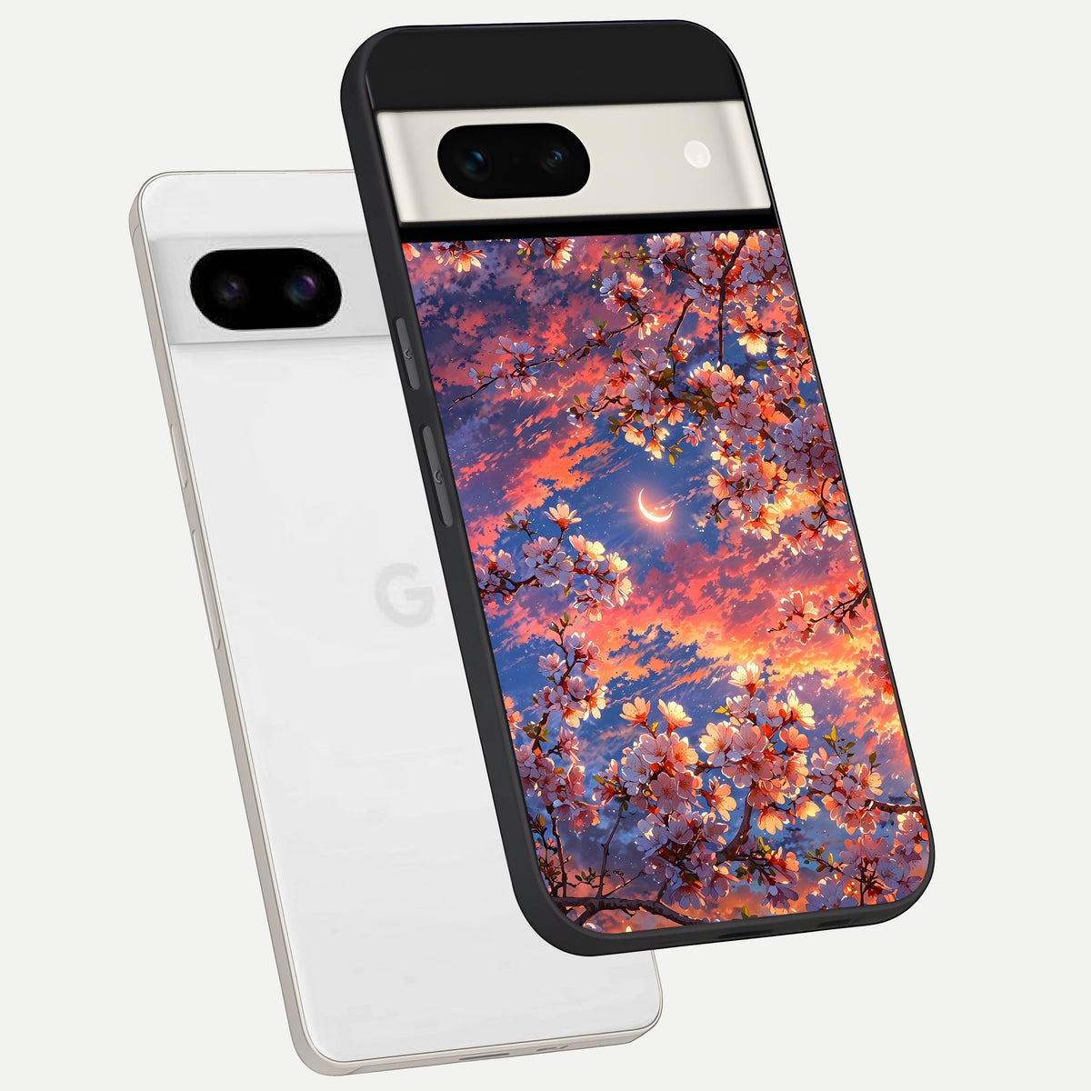  Celestial Sakura Sunset phone case For Google Pixel 7A showing premium glass back cover with detailed artwork