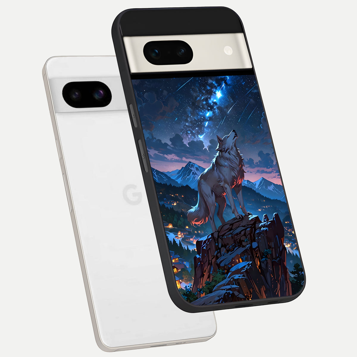  Celestial Wolf Howl phone case For Google Pixel 7A showing premium glass back cover with detailed artwork