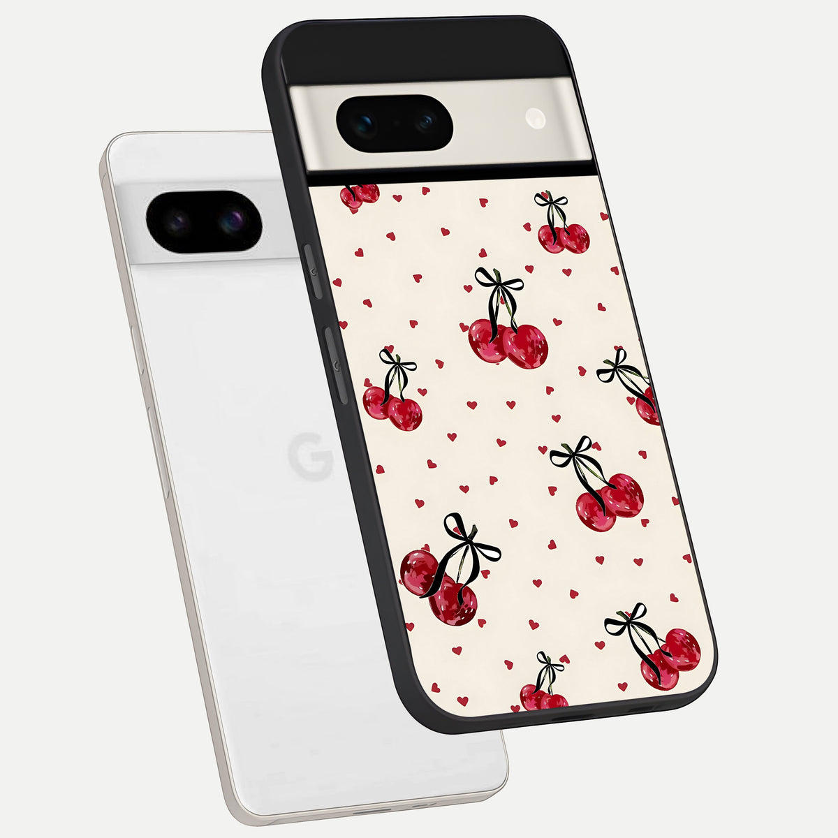 Cherry Heart Bow phone case For Google Pixel 7A showing premium glass back cover with detailed artwork