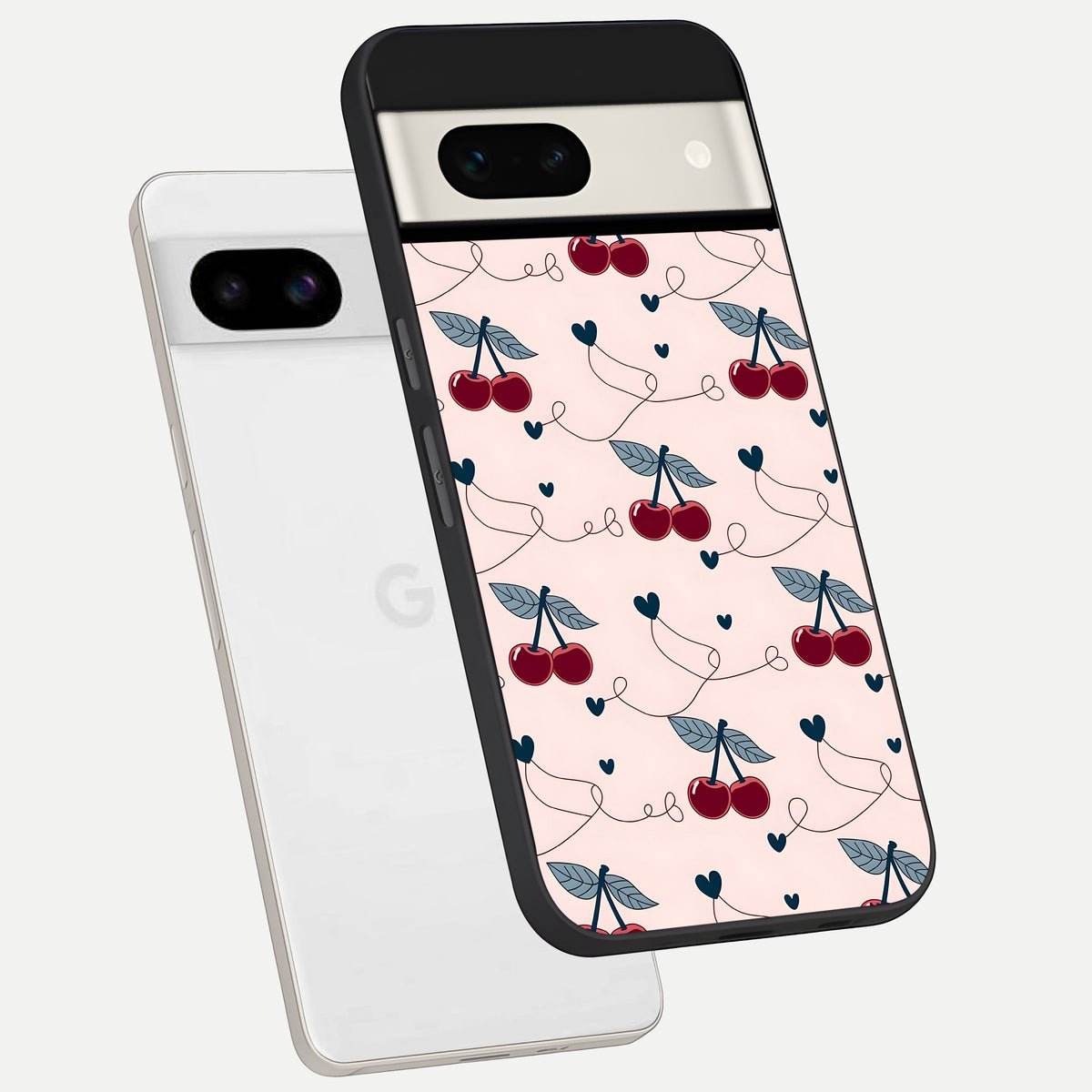  Cherry Heart Line phone case For Google Pixel 7A showing premium glass back cover with detailed artwork