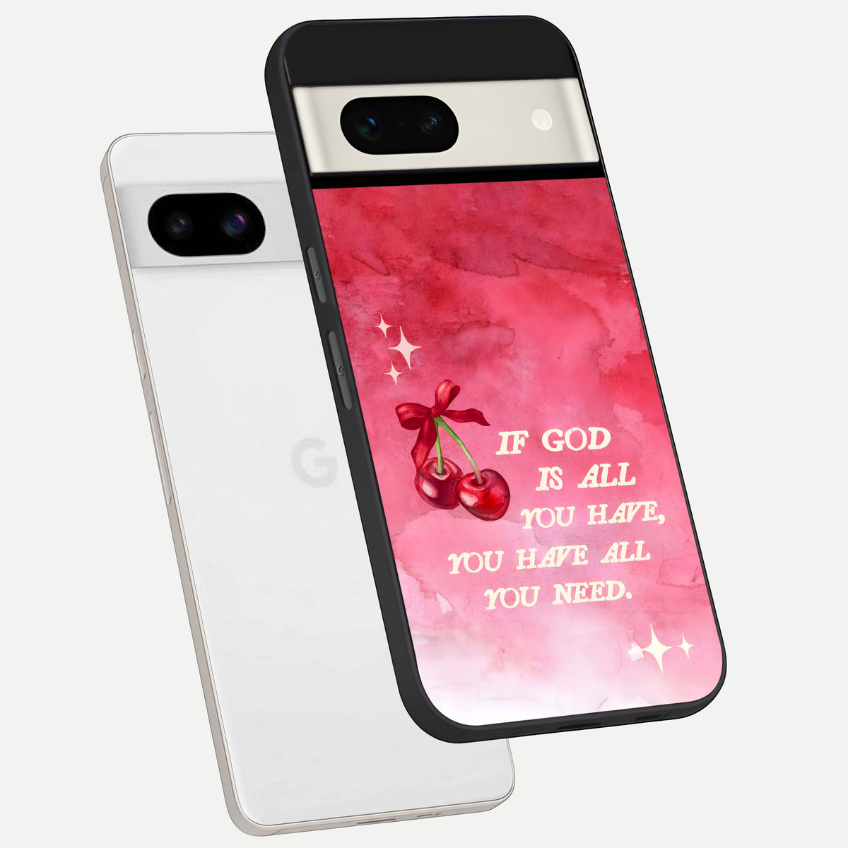  Cherry Quote phone case For Google Pixel 7A showing premium glass back cover with detailed artwork
