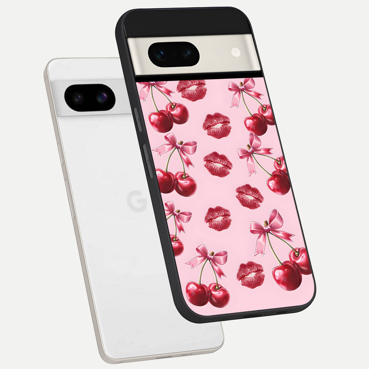  Cherry With Lips phone case For Google Pixel 7A showing premium glass back cover with detailed artwork