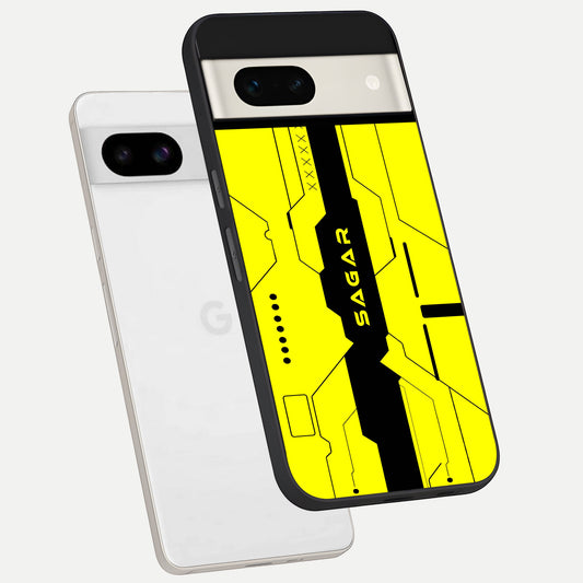  Circuit CYBERPUNK Custom Name phone case For Google Pixel 7A showing premium glass back cover with detailed artwork