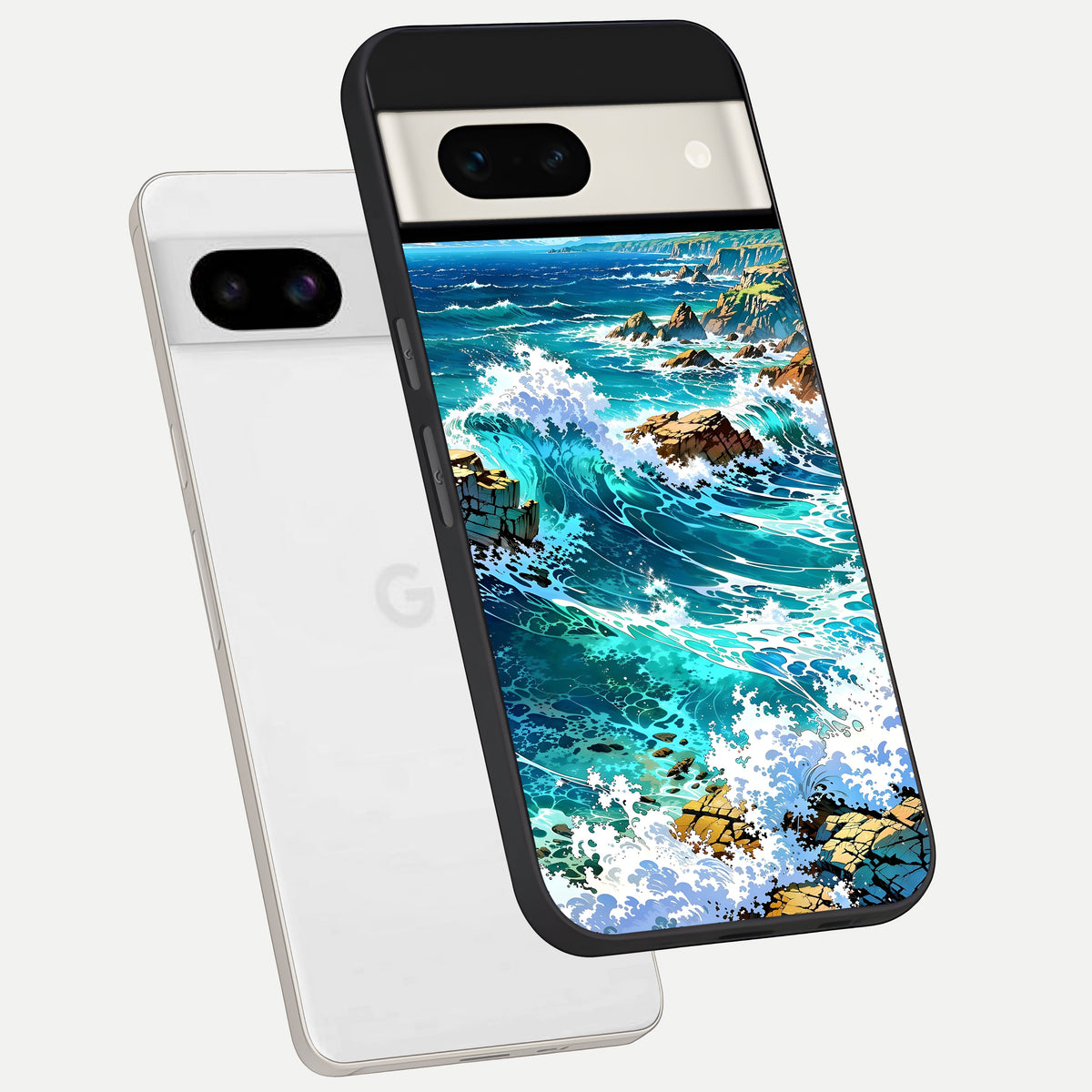  Coastal Blue Waves phone case For Google Pixel 7A showing premium glass back cover with detailed artwork