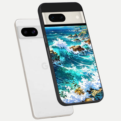  Coastal Blue Waves phone case For Google Pixel 7A showing premium glass back cover with detailed artwork