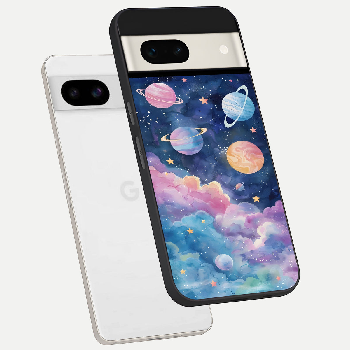  Cosmic Planet Dreams phone case For Google Pixel 7A showing premium glass back cover with detailed artwork