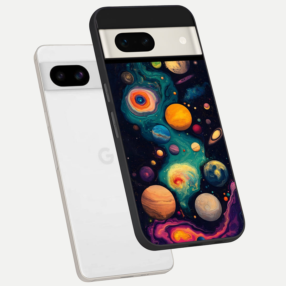 Cosmic Planet Journey phone case For Google Pixel 7A showing premium glass back cover with detailed artwork