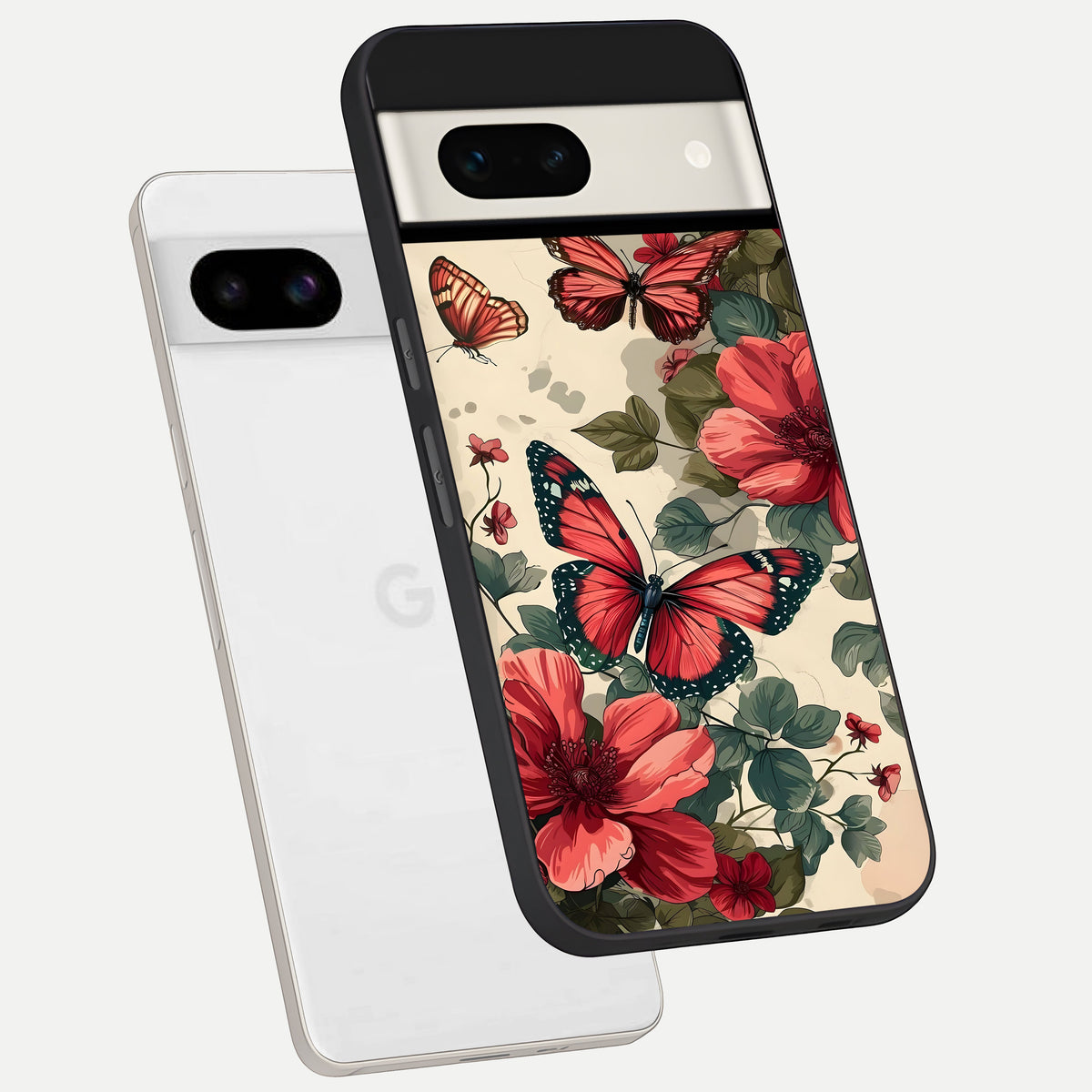  Crimson Butterfly Garden phone case For Google Pixel 7A showing premium glass back cover with detailed artwork
