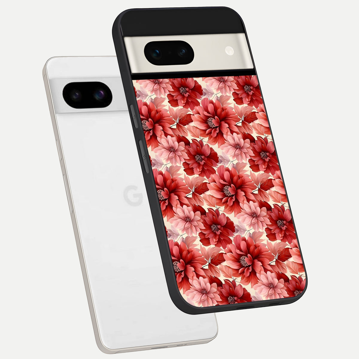  Crimson Love Petals phone case For Google Pixel 7A showing premium glass back cover with detailed artwork