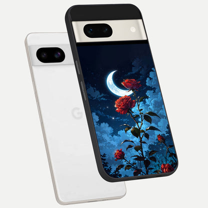  Crimson Rose Moon phone case For Google Pixel 7A showing premium glass back cover with detailed artwork