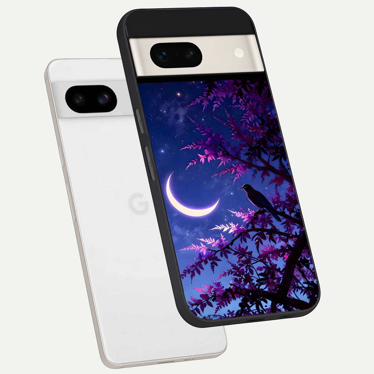  Crow And Moon Scenery phone case For Google Pixel 7A showing premium glass back cover with detailed artwork