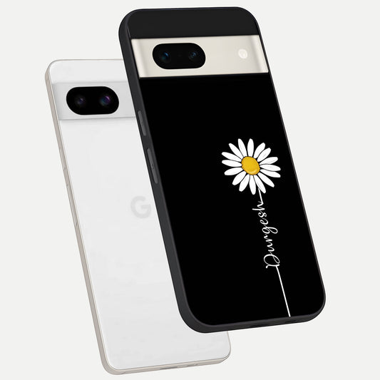  Custom Name White Flower phone case For Google Pixel 7A showing premium glass back cover with detailed artwork