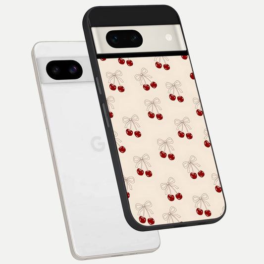  Cute Cherry Pattern phone case For Google Pixel 7A showing premium glass back cover with detailed artwork