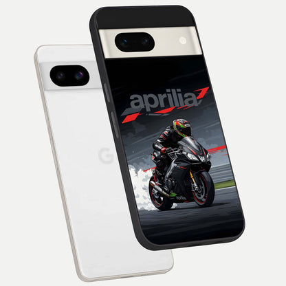  Dark Aprilla phone case For Google Pixel 7A showing premium glass back cover with detailed artwork