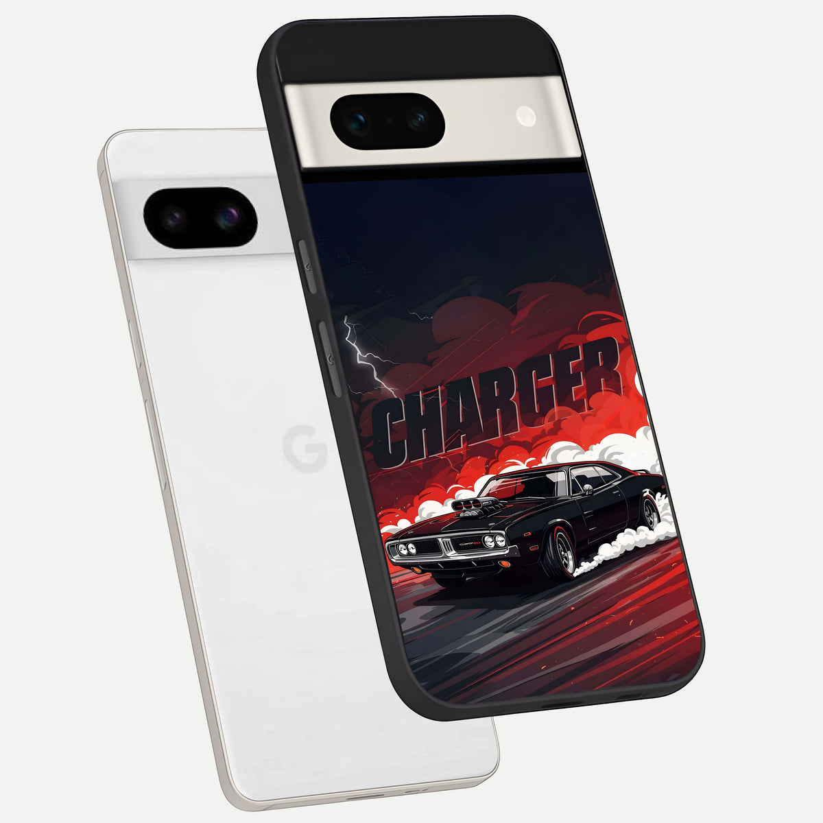  Dark Charger Fury phone case For Google Pixel 7A showing premium glass back cover with detailed artwork