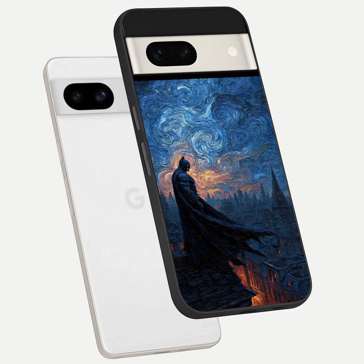  Dark Knight Dusk phone case For Google Pixel 7A showing premium glass back cover with detailed artwork