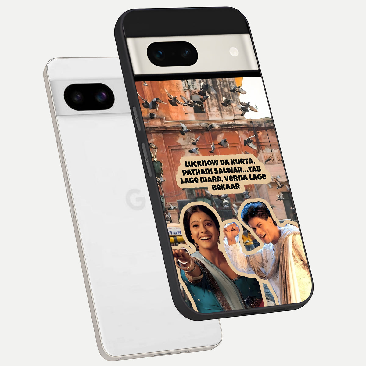  Desi Retro Vibes phone case For Google Pixel 7A showing premium glass back cover with detailed artwork