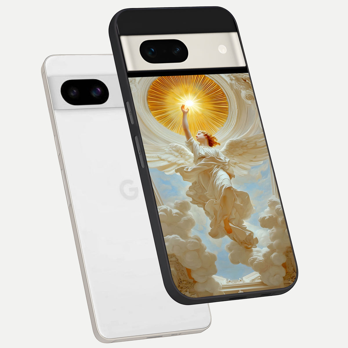  Divine Light Angel phone case For Google Pixel 7A showing premium glass back cover with detailed artwork